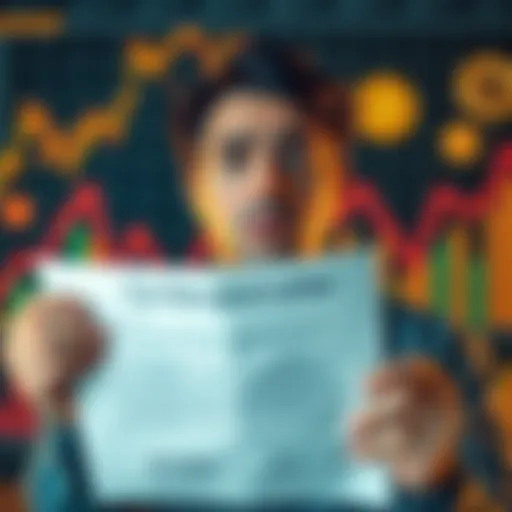 A person holding a tax demand letter looking confused with graphs and cryptocurrency icons in the background