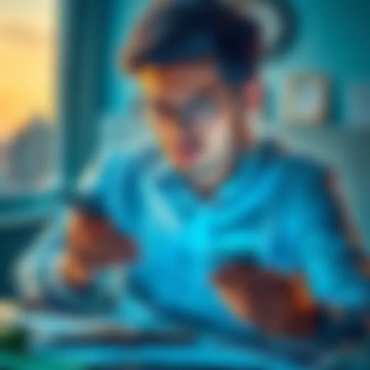 Tax Refund and Investment A person considering options for their $250 tax refund, looking at investment apps like Raiz on a smartphone while surrounded by bills and expenses.