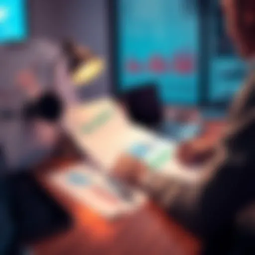 A person analyzing financial charts and documents related to tax harvesting strategies at a desk