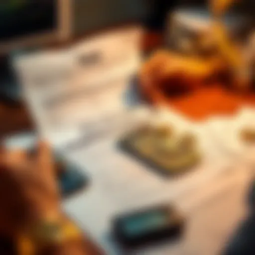 A person reviewing tax documents and cryptocurrency rewards on a desk with a calculator