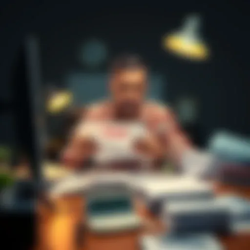 A frustrated taxpayer sitting at a desk surrounded by paperwork and a computer, looking concerned about missing 1099-B forms