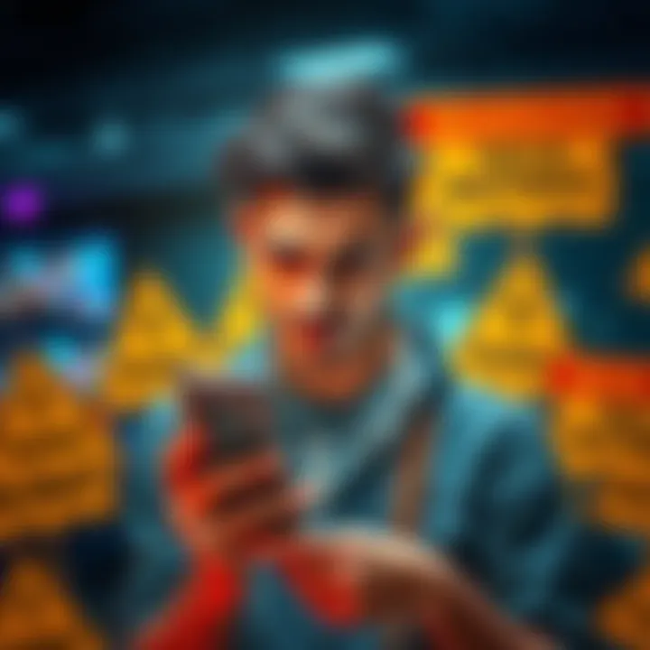 A person looks frustrated while holding a broken smartphone, surrounded by warning signs about tech flaws and scams.