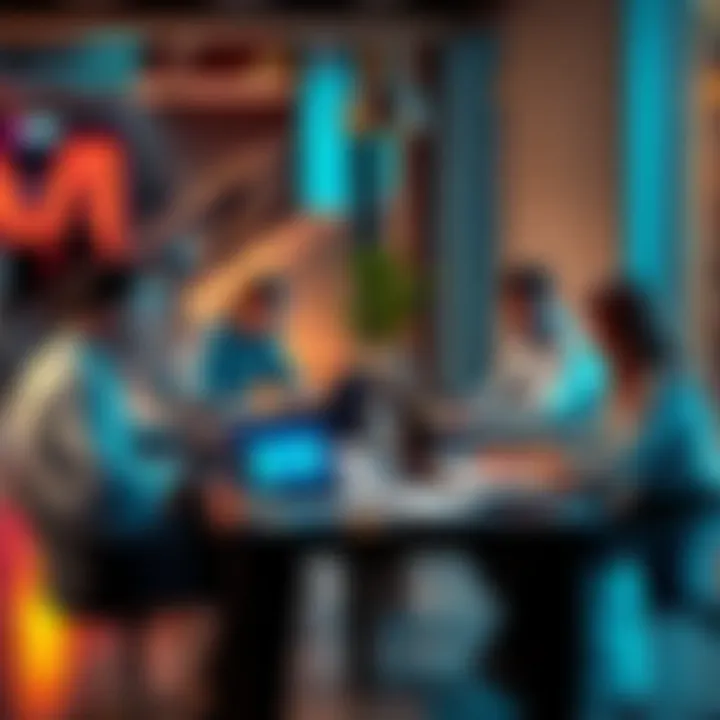 A tech team discussing migration strategies around a table with laptops and documents
