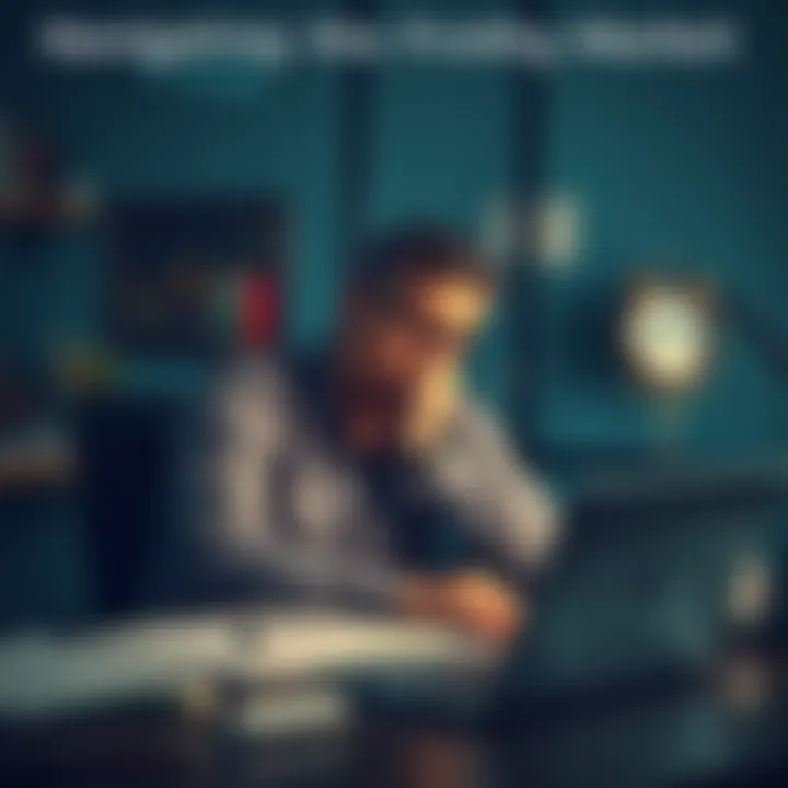 Tech worker contemplating retirement A tech professional sitting at a desk looking frustrated, surrounded by financial documents and a laptop, deep in thought about retirement and market conditions.