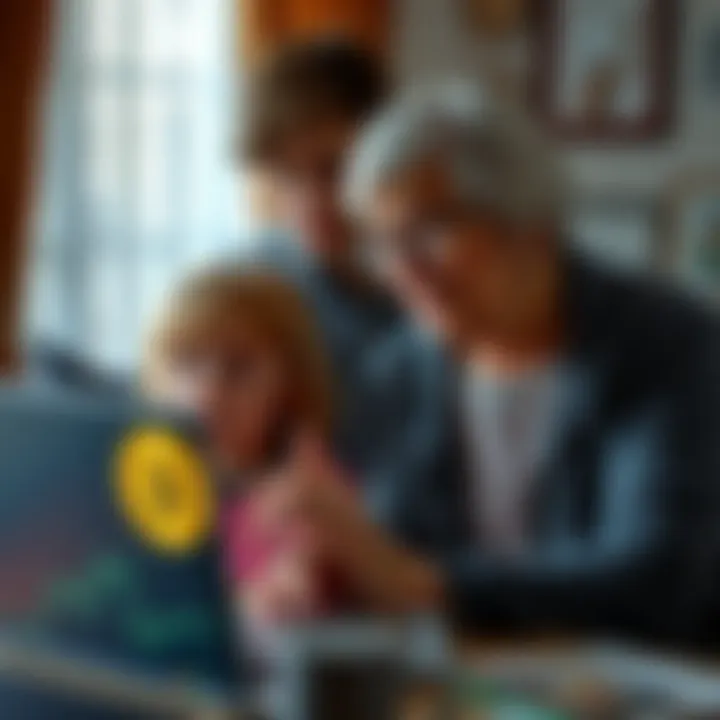 A young teen shows his grandmother how Bitcoin works on a laptop, with a mix of confusion and curiosity on their faces.