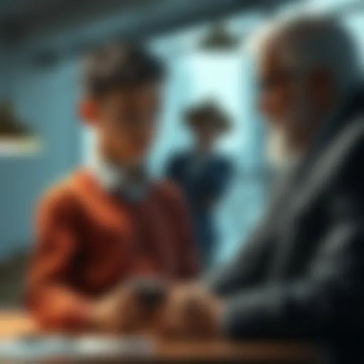 Teenager consulting with lawyer about investment A 15-year-old boy discussing Ethereum investment options with an older lawyer in an office setting, showing concern on his face.