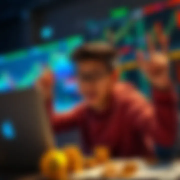 Teen Trader Excited About Memecoins A 16-year-old boy celebrating his success in trading memecoins with a laptop and charts around him