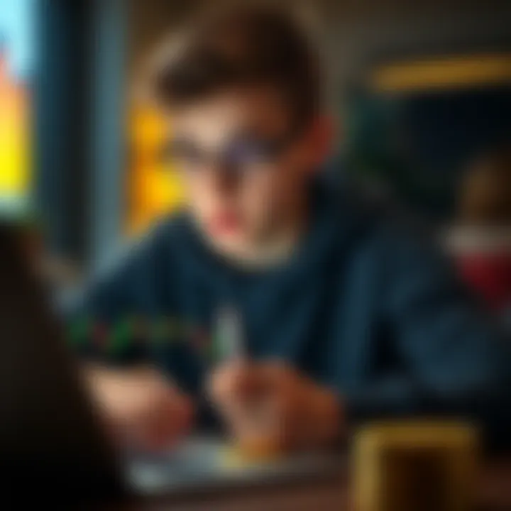 A teenager analyzing Bitcoin graphs on a laptop, symbolizing exploration in cryptocurrency
