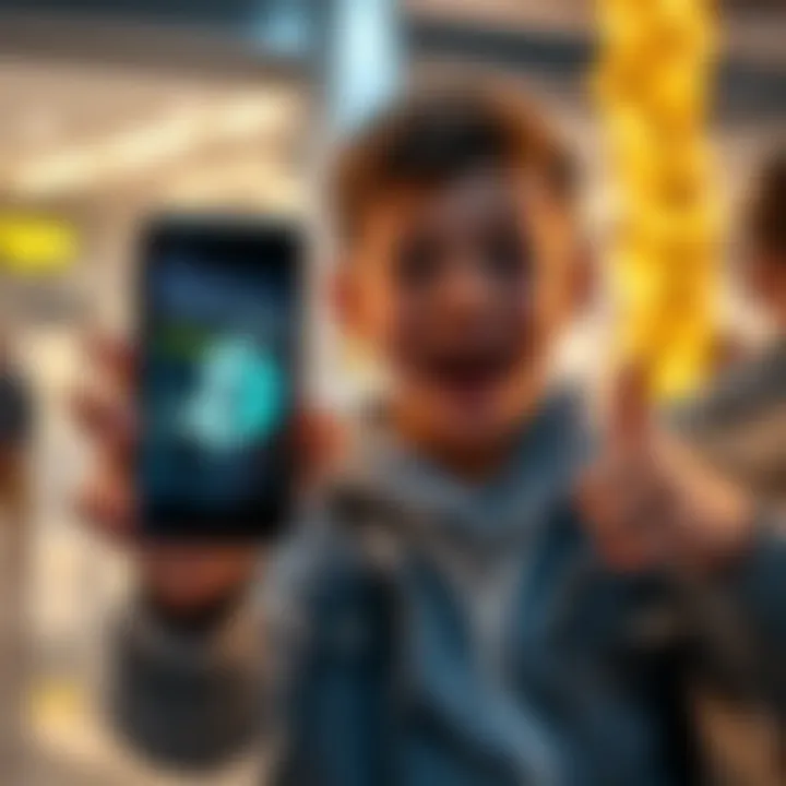 A 15-year-old excitedly holds a smartphone displaying a Bitcoin logo, with a Trezor Model T nearby, symbolizing their first investment in cryptocurrency.