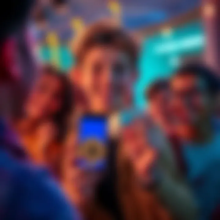 A teenager smiling while holding a smartphone displaying a Bitcoin logo, surrounded by friends in a lively setting.