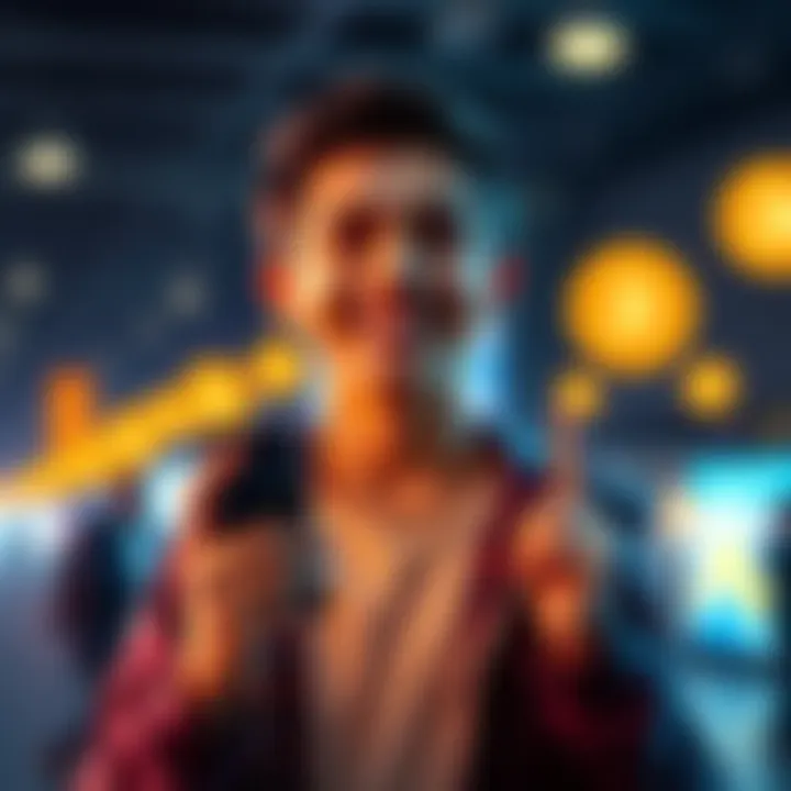 A 19-year-old boy with a proud smile, wearing casual clothes and holding a smartphone displaying Bitcoin charts, symbolizing his wealth journey.