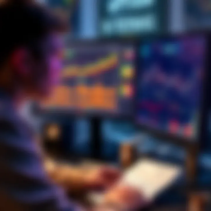 An 18-year-old looking at a computer screen displaying various cryptocurrency graphs and charts while taking notes.