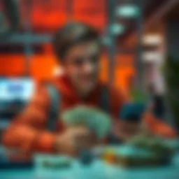 A 16-year-old sitting at a desk with cash and a smartphone, looking satisfied after converting bitcoin to cash.