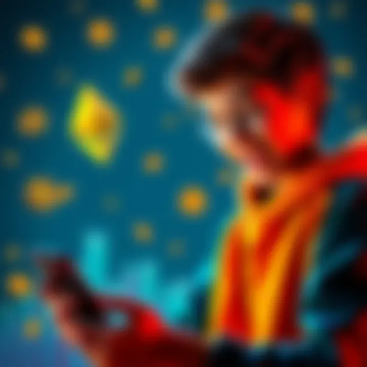 A teenager excitedly using a smartphone to purchase Ethereum without KYC verification, surrounded by cryptocurrency symbols.