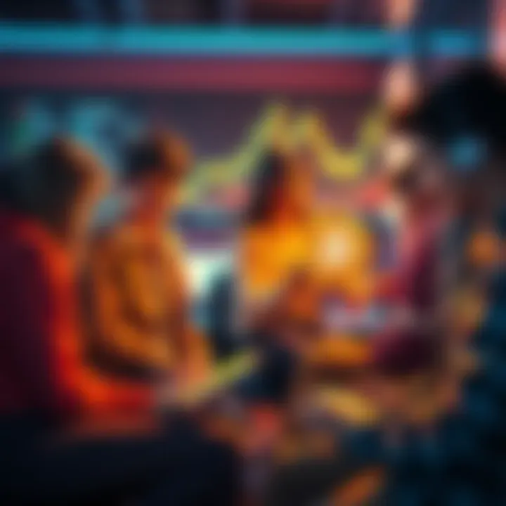 A group of teenagers discussing Bitcoin and technology, surrounded by digital devices and charts.
