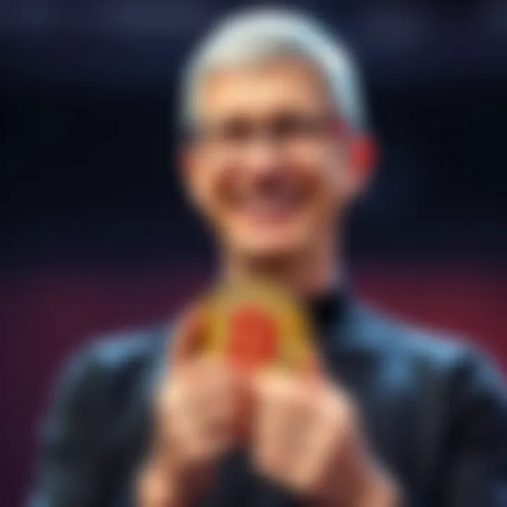 Apple CEO Tim Cook smiling while holding a Bitcoin token, symbolizing his ownership of cryptocurrency and its influence on the market