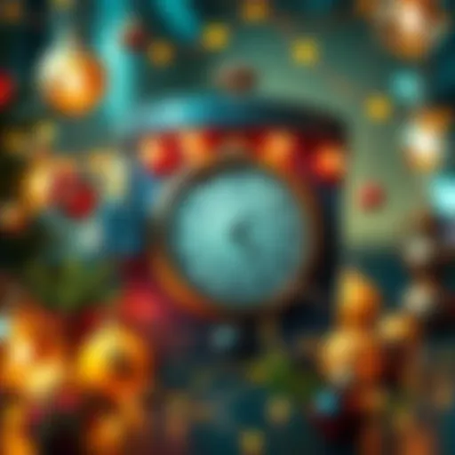A colorful invitation card featuring a clock and festive decorations, inviting time travelers to a party.