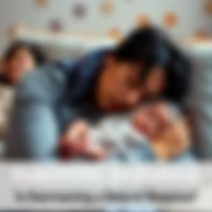 Tired Parent Holding Sleeping Baby A tired parent cradles a sleeping baby in their arms, showing signs of exhaustion. The scene conveys the struggle of maintaining sleep routines during challenging times.