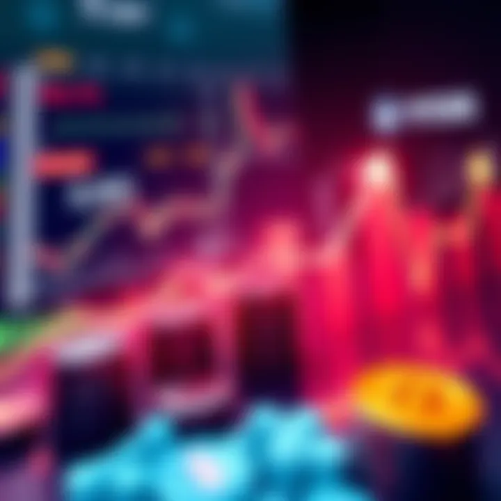 A graphic showing upward trends in investment charts with tokens and market symbols