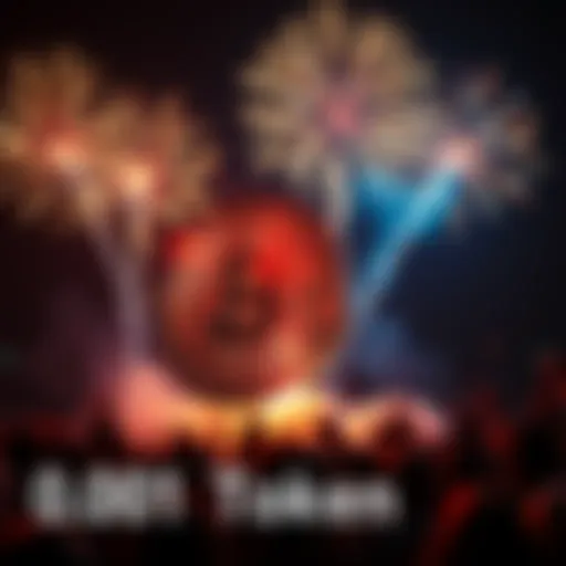 A digital representation of the 0.001 token launching with fireworks and a cheering crowd in the background.