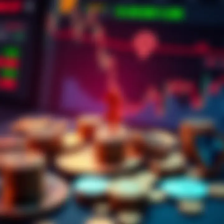 A visual representation of delta-neutral strategies in reward farming, showing tokens being traded in a balanced manner, with coins and graphs illustrating minimal losses.