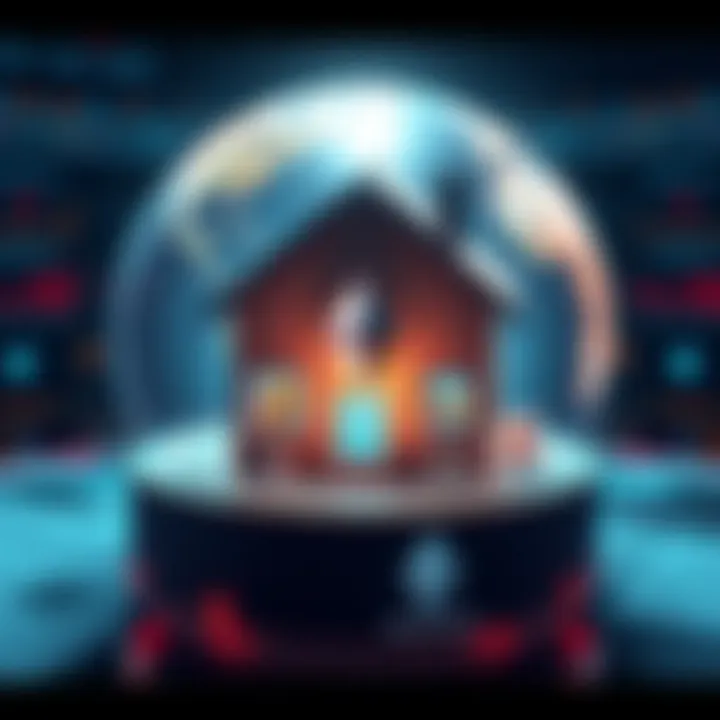 Tokenized property on Ethereum A digital representation of a house with an Ethereum logo, symbolizing property tokenization, surrounded by legal documents and a globe representing international ownership.