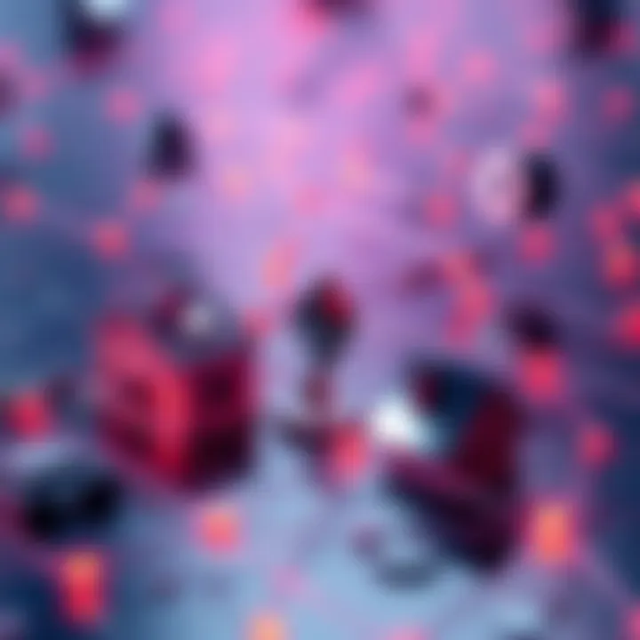 Illustration showing digital assets being represented on a blockchain with Ethereum symbols and real world objects like houses and currency notes