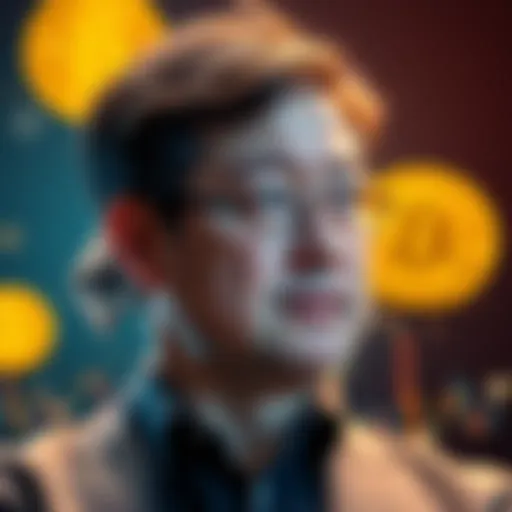 Tom Lee looks concerned with icons of Bitcoin and Ethereum in the background, representing his investment challenges