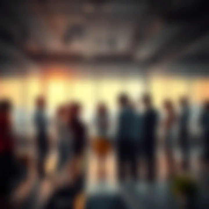 A group of diverse professionals discussing and networking in a modern office setting, symbolizing the concept of top tier in society