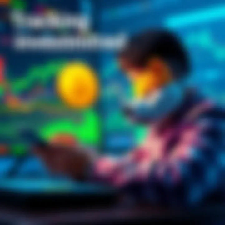 A graphic showing a person analyzing Dogecoin holdings on a digital device with graphs and charts in the background