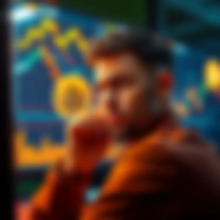 A worried trader looks at a screen showing Bitcoin's price surge, reflecting disappointment from a failed short position.