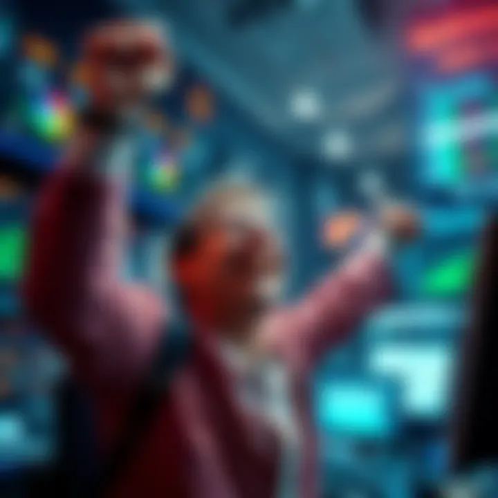 A trader joyfully celebrating a significant profit from betting on early Google search data.