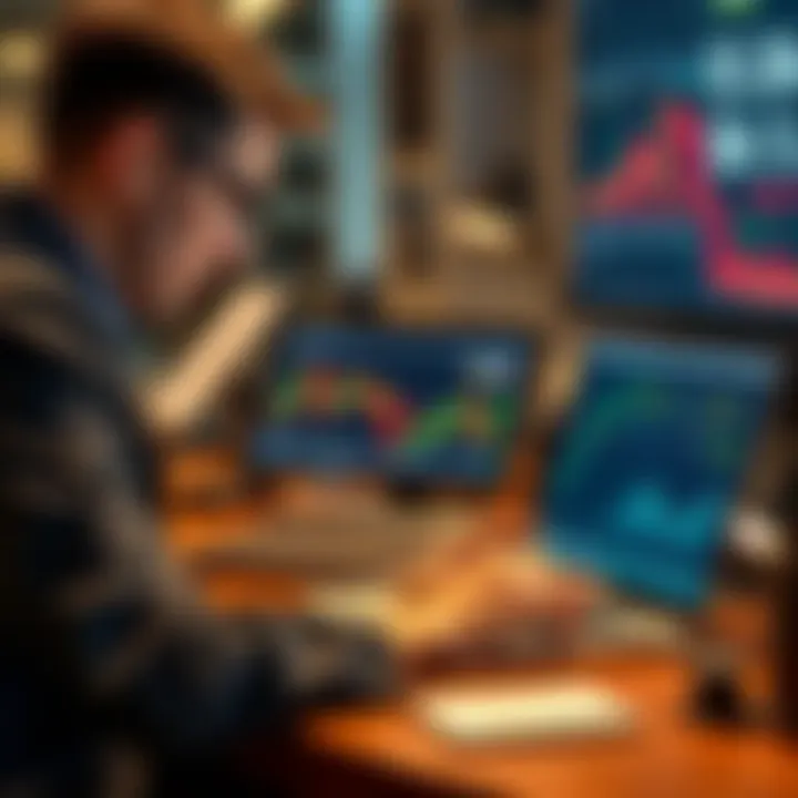 Trader reviewing earnings A trader looking at charts and calculations on a laptop, with profits displayed on the screen, showcasing successful earnings from strategies.