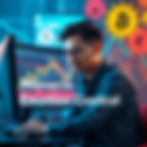 A trader calmly analyzing charts on a computer while surrounded by emotional symbols representing fear and greed