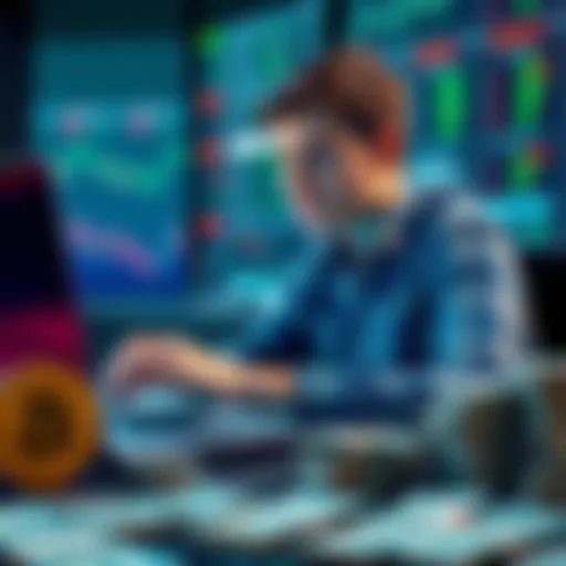 A young trader analyzing Ethereum charts on a laptop, with a graph showing fluctuating values, looking concerned about their losses, while piles of dollar bills are visible on the desk.