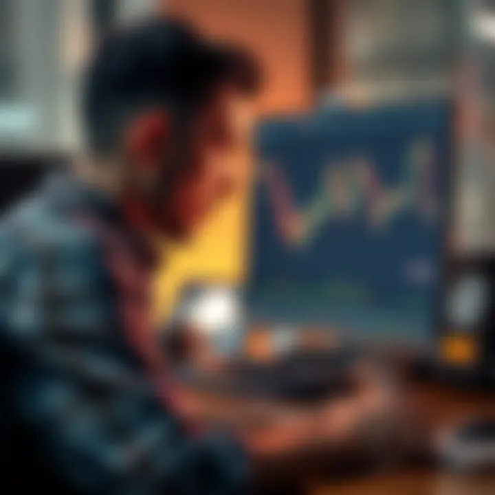 Trader looking at a falling chart A distressed trader stares at a computer screen showing a plummeting Bitcoin chart, symbolizing the emotional toll of losing money in leverage trading.