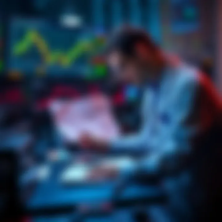 Trader reviewing charts and notes A trader analyzing charts and taking notes at their desk, looking focused and determined to improve their strategy during a losing streak.