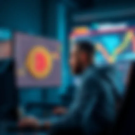 Trader Selling Bitcoin A trader looking stressed while selling their Bitcoin on a computer screen, with a hopeful gaze towards a projected $100,000 price chart nearby.
