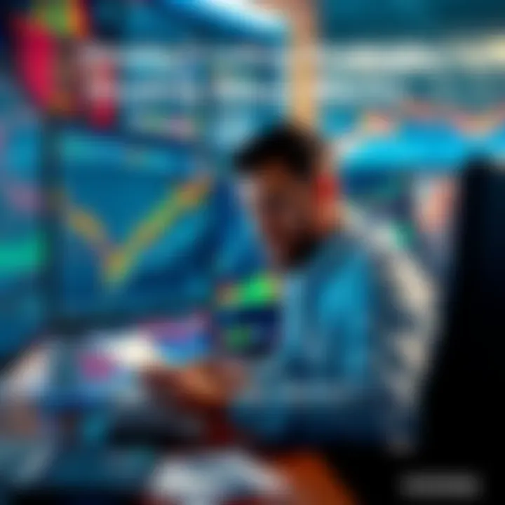 Trader analyzing charts A trader sitting in front of a computer screen, analyzing stock charts with a focused expression, surrounded by trading tools and notes.