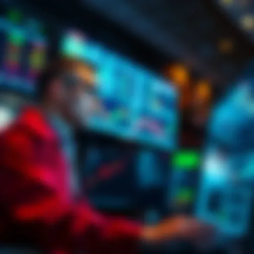 Trader analyzing market conditions A trader focused on charts and screens, considering whether to trade or skip the day based on market signals.