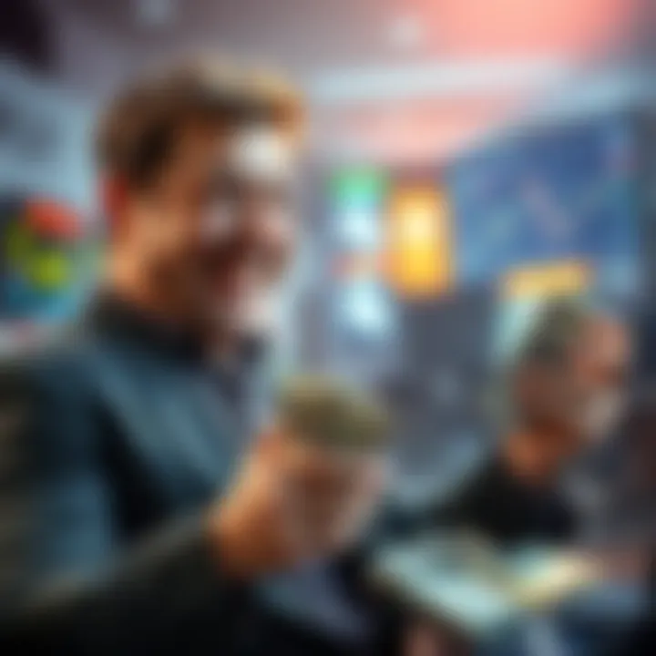 Trader celebrating a big win after betting on Elon Musk's tweets, showing money and betting slips.