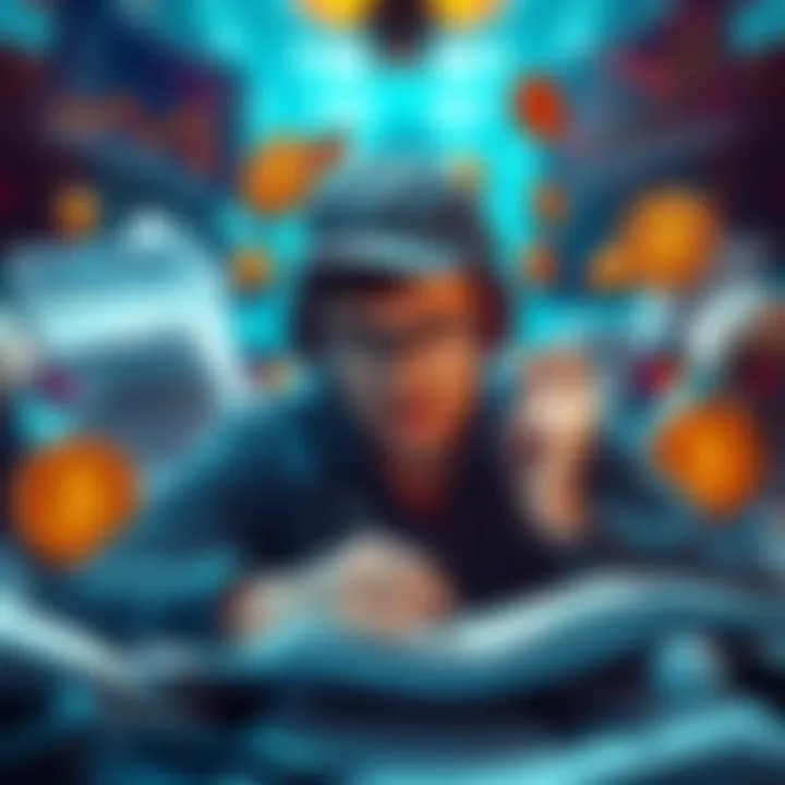 Visual representation of a trader surrounded by financial documents and cryptocurrency symbols, depicting the struggles with a looming tax bill and market instability.