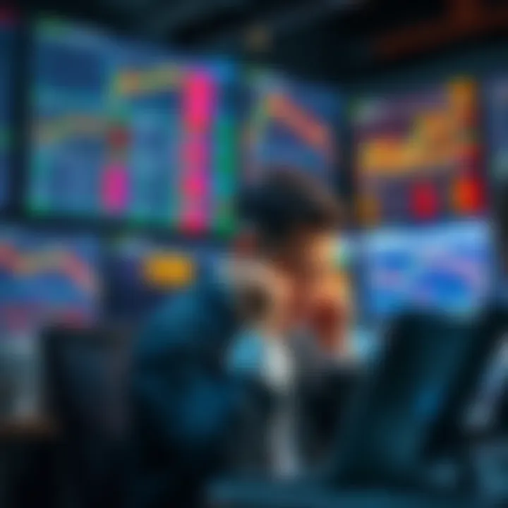 A trader sitting at a desk, looking bored and frustrated, surrounded by screens showing stagnant market charts.