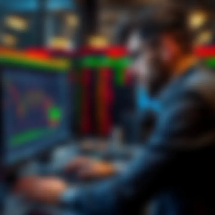 Trader looking at stock charts A beginner trader examines stock charts on a computer, contemplating missed gains and profits.