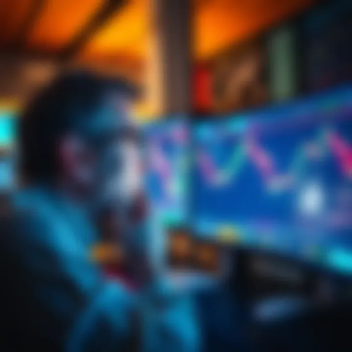 A distressed trader looking at falling cryptocurrency charts on a computer screen, symbolizing a major financial loss after risky investments.