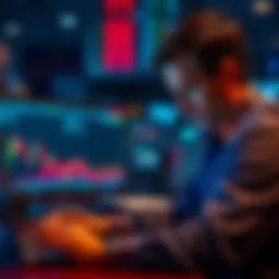 A trader looks stressed while reviewing financial charts on a laptop, showing a downward trend, symbolizing losses from selling stocks at a bad time.