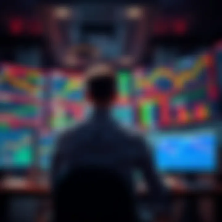 Trader looking at multiple screens A trader sits at a desk surrounded by multiple monitors displaying stock charts and data, appearing overwhelmed by the constant flow of information.