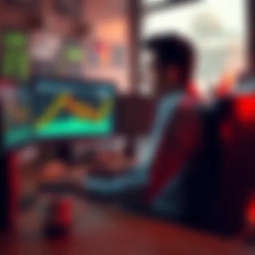 A person sitting at a trading desk, looking focused and determined while analyzing charts on a computer screen. The atmosphere is serious but hopeful, symbolizing the journey of regaining trading conf...