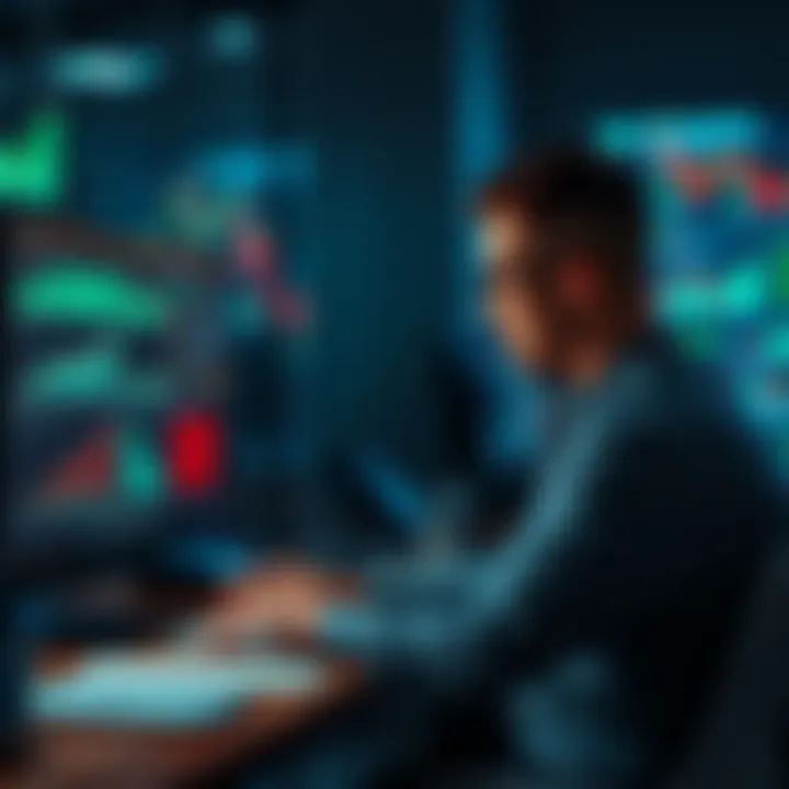 Trader Reflecting on Losses A trader sitting at a desk looking thoughtful with charts and graphs on their computer screen, showing a downward trend.