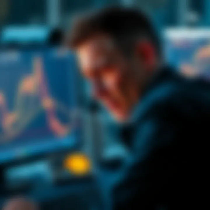 A weary trader looks stressed while checking Bitcoin prices on a computer screen showing a rising chart.